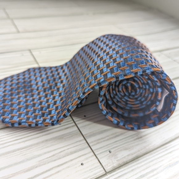 Givenchy Geometric Block Print Silk Tie in Metallic Blue and Burnt Orange - Picture 2 of 8